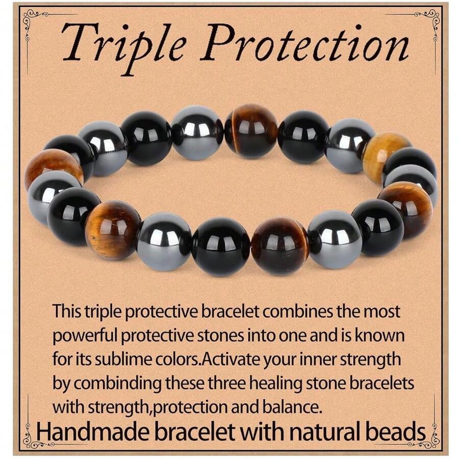 LPBeads Handmade Natural Gemstone Stretch Elastic Bracelet Healing Crystal Round Stone Beads Jewelry Gifts For Women Men,10mm,FFOnyxssssTigerHematiteMixed - FOnyxssTigerHematiteMixed - 查看 1