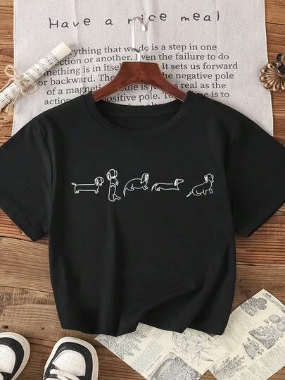 Women's Dachshund Graphic Tee - Casual Crew Neck, Short Sleeve Top For Spring & Summer, Breathable Polyester Blend Black