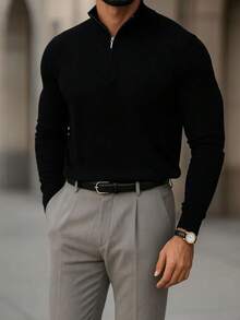 1 pieza Suéter de punto casual básico con cuello alto para hombre, de manga larga y media cremallera - Negro - Ver 1