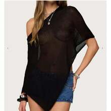 Women Knit Poncho Top Y2k Off Shoulder Het Sheer Shawl Asyetrical Hem Cover Up Shrug Sweater,29631715 - 黑色 - 查看 2
