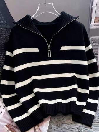 秋冬新款时尚拉链女条纹针织毛衣简约百搭长袖上衣