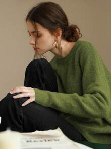 Knit Mix Elegant Women's Knit French Commuter Sweater, Casual Loose Long Sleeve Crew Neck Pullover, Suitable For Autumn/Winter, Christmas, Thanksgiving, New Year, Valentine's Day And Other Holidays, Ideal For Back To School Season And Fall Women's Wear