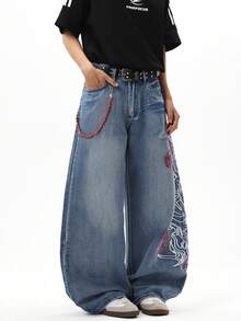 1pc Justice Brother Korean Style Embroidered Casual Versatile Washed Loose Fit Brand Boyfriend Baggy Jeans Pants (This Product Does Not Include Belt Accessories) - Blue - View 5