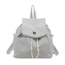 Simple Plaid Drawstring Backpack Large Capacity Portable Commuter Bag Canvas Hiking Bag College Student  Shoulder Casual Bag - A - View 8