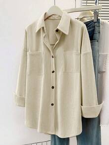Áo sơ mi nữ bằng vải nhung kẻ có túi và cổ áo cài nút - Màu trơn, tay dài, thích hợp cho kỳ nghỉ thu/đông, du lịch, trang phục thường ngày, quần áo mùa thu nữ, áo sơ mi flannel nữ, thích hợp cho mùa thu/đông/xuân. - Màu be - Xem 5
