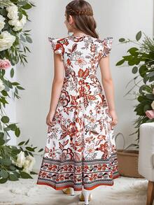 Kilottor Tween Girl Floral Printed Bohemian Style Dress With Ruffle Trim And Tassel Decor, Ideal For Summer Vacation
