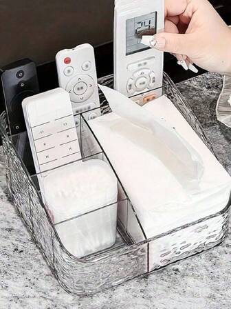 5-Compartment Luxury Wavy Paper Towel Holder Organizer - Creative Multi-Functional Storage For Living Room, Desk, Vanity And Office - Square Plastic Cube Design With Side Compartments For Paper Towels, Remote Controls, Cosmetics, Essentials - Stylish Home Decor For Toilet Table, Nightstand, Bedroom, Bathroom