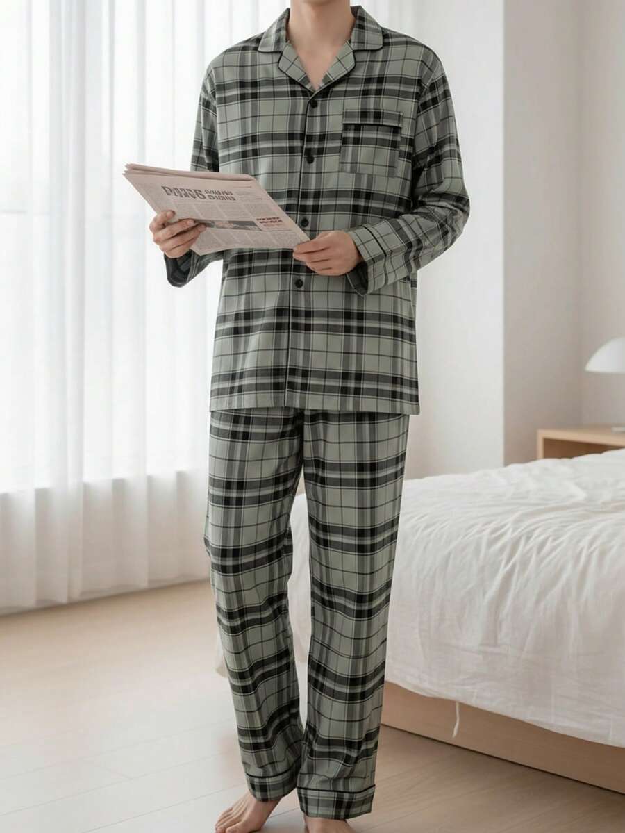 男士轻薄翻领开襟格子印花长袖睡衣套装，休闲简约英伦风家居服，秋冬款 - 彩色 - 查看 1