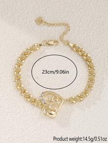 15 Zirconia Encrusted Heart Shaped Luxury Gold Bracelet, Unique Design, Fashionable Jewelry Accessory For Women, Suitable For Birthday, Anniversary, Daily Wear - Gold Tail Chain - View 2