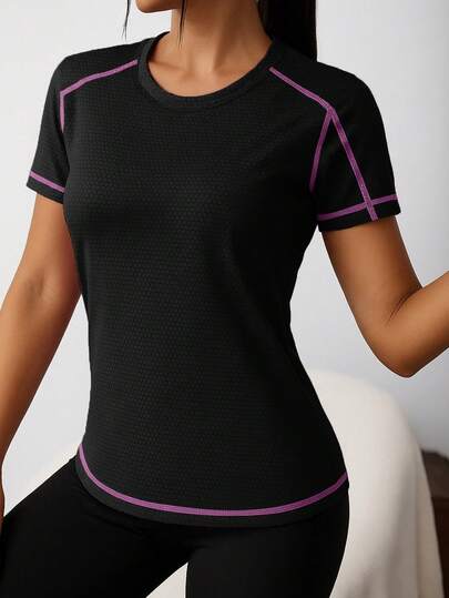 Camiseta de cuello redondo de manga corta con textura de panal para mujer, de secado rápido, que absorbe la humedad, transpirable y amigable con la piel, con ribete de contraste para correr y actividades en el gimnasio, color negro