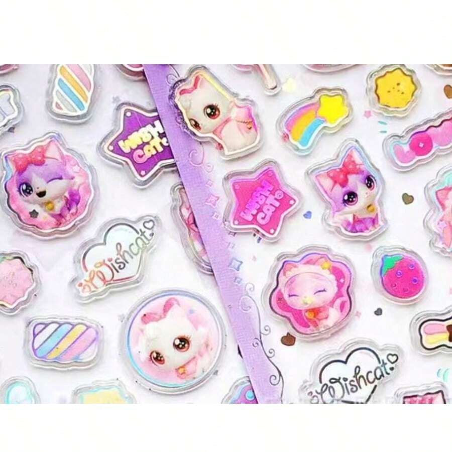 许愿猫彩色玻璃贴纸，卡通猫贴纸，适合儿童和女孩 - 彩色 - 查看 1