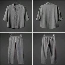 Conjunto de 2 Piezas de Lino para Hombre, Trajes de Vacaciones de Playa de Verano, Camisa de Manga Corta con Botones Informales, Conjuntos de Pantalones Largos Sueltos - 4X Grande + Blanco - Ver 6