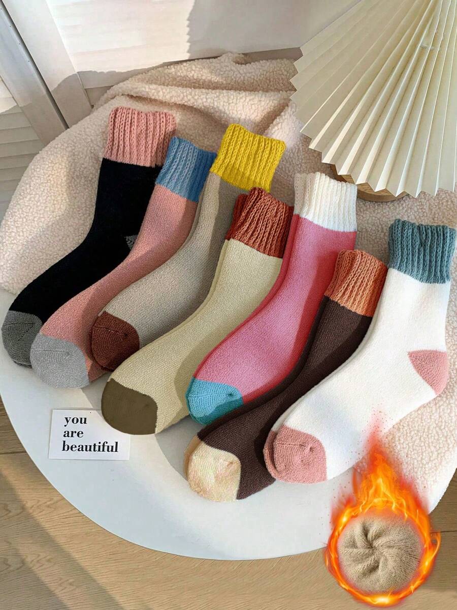 3 Pairs Women's Solid Color Thick Thermal Lined Warm Breathable Crew Socks, Cozy Socks