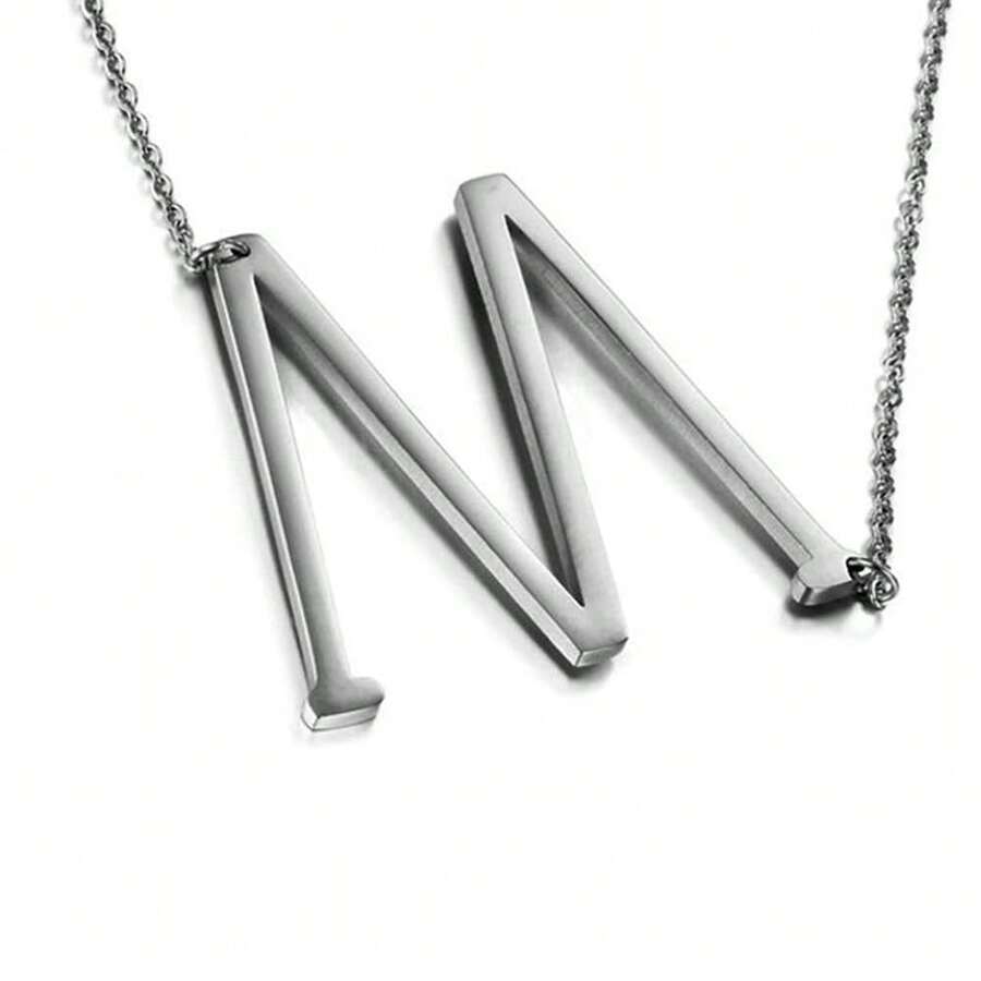 MOMOL Sideways Initial Necklace 18K Gold Plated Stainless Steel Large Big Letters Pendant Necklace Script Name Monogram Necklaces For Women,MSilver - MSilver - 查看 1
