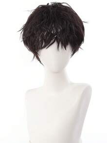 男士棕黑色天然蓬松羊毛卷短发日式男士小卷发高品质合成假发嘻哈摇滚风格，适合日常佩戴或派对 - 彩色 - 查看 3