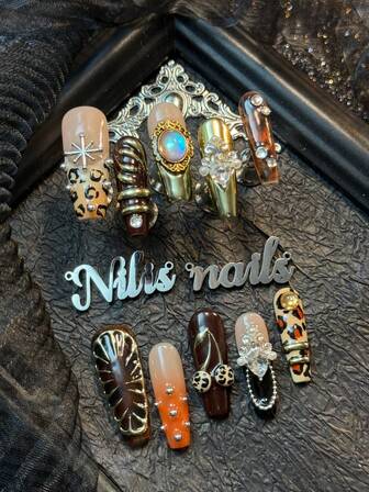 10pcs Handmade Women's Wearable Nail Stickers Fully Covered And Reusable Medium Viscosity, Long Coffin Chocolate Brown&Orange Tie Dye Design, Blooming Wealth, Apricot&Black French Handmade Leopard Pattern, 3D Carving Leopard Pattern Cherry Starry Jewelry Decoration&Star 3D Water Drop Design For Autumn/Winter Feeling Suitable For Women And Girls, With 1 Jelly Pad And 1 Nail File