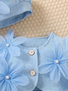 两件套女婴可爱纯色圆领3D珍珠花朵长袖开衫和圆领无袖A字连衣裙，配帽子和贝雷帽，适合秋冬季外出穿着。 - 藍色 - 查看 4