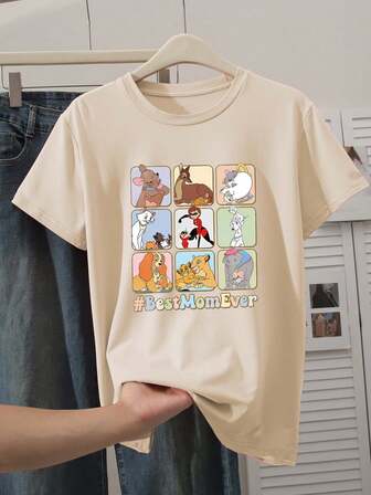 女装新款圆领短袖大码夏季休闲风动漫图案印花大码圆领T恤甜美温柔气质修身舒适夏季上衣适合日常休闲穿着图案T恤女卡其色上衣女装夏季