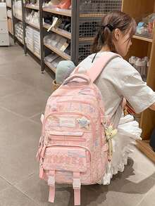 Large Capacity Stylish Contrast Color College Student Backpack With Multi-Layers And Star Pendant - Multicolor - View 5