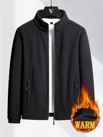 男士户外抓绒外套，加厚保暖羊羔绒内衬，拉链立领卫衣，适合运动和日常穿着，秋冬季滑雪适用