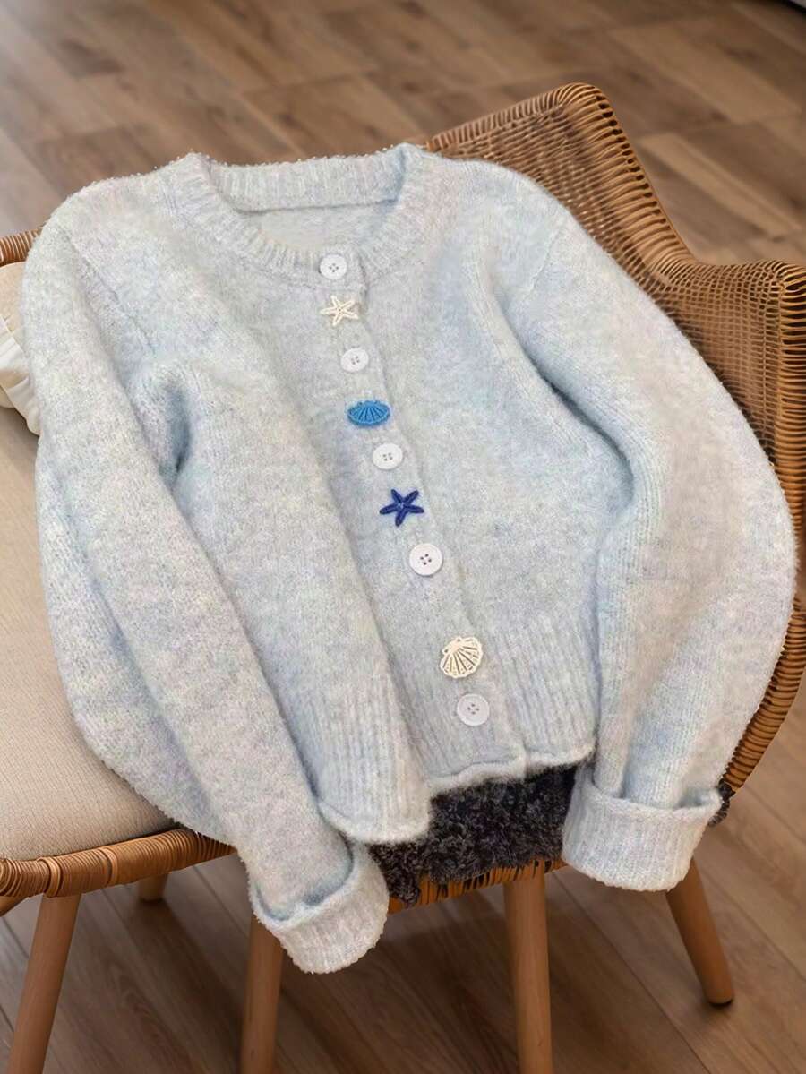 JIANHU Women's Spring Ocean Style Knit Cardigan , Round Neck Gentle Cardigan With Starfish & Shell Buttons, Perfect St. Patrick's Day Party For Casual Fashion - Blue - View 1