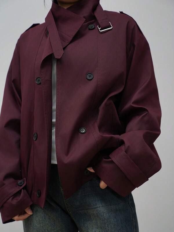 Manteau court de trench mode casual pour femme de petite taille, col rabattu, ourlet élastique à la taille. Polyvalent pour le port quotidien, l'automne, Noël, Thanksgiving