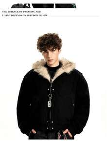 Autumn And Winter Mountain Carved Fur Collar With Thick Velvet Cotton Jacket For Couples - màu đen - Xem 3