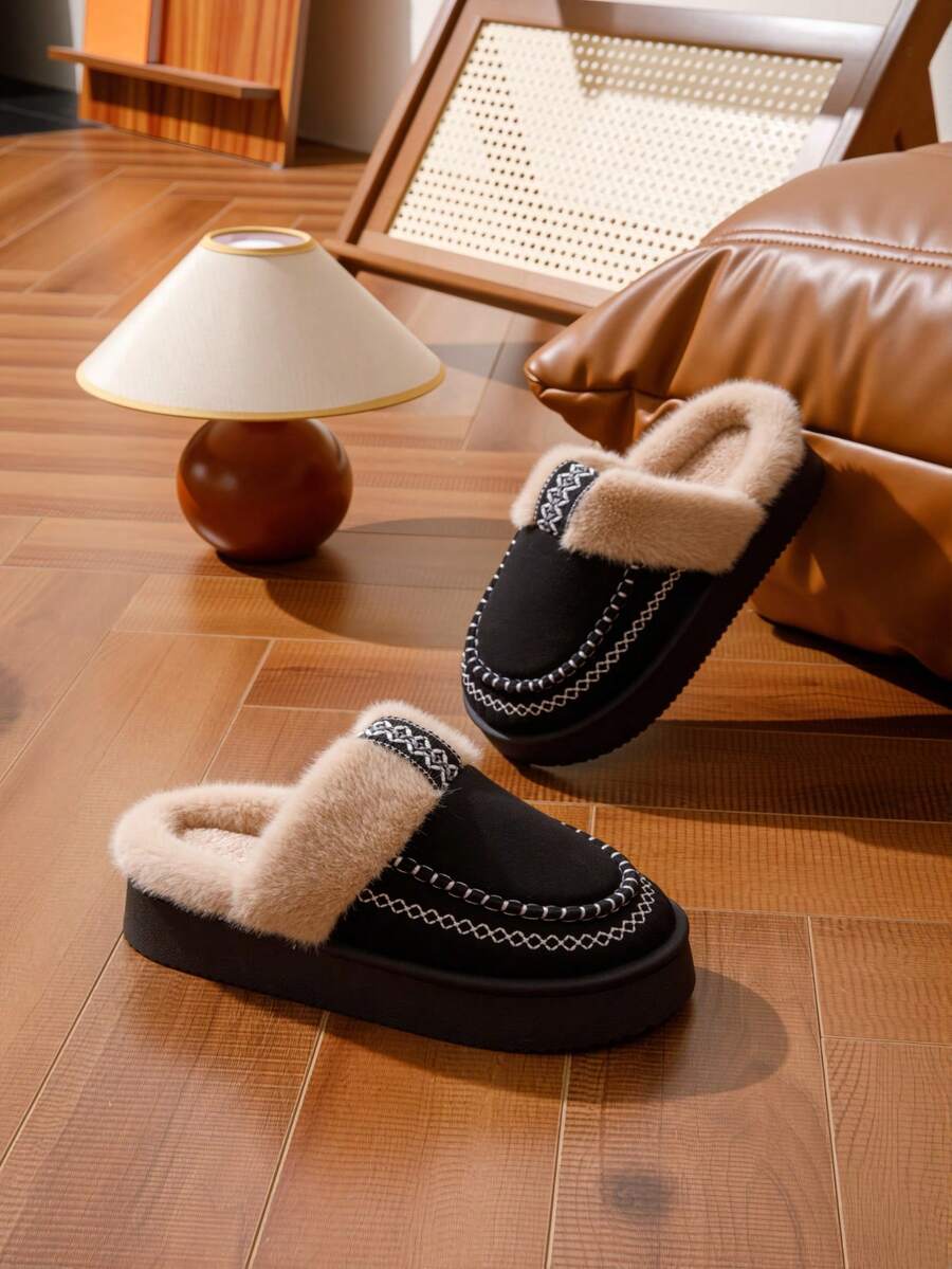 女士冬季室内拖鞋，休闲柔软绒面内里家居拖鞋，秋冬季 - 黑色 - 查看 1