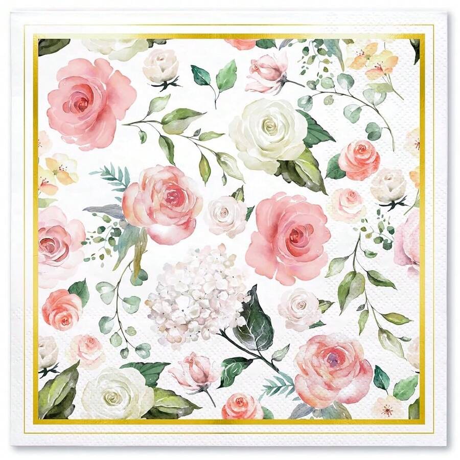 50Pcs Gold Foil Floral Napkins - 3 Ply Disposable Paper Luncheon Napkin For Wedding Birthday Bridal Tableware Party Supplies - 6.5 X 6.5 In,Floral-Pink - Hoa-Hồng - Xem 1