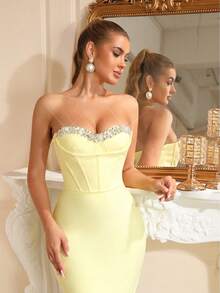 Women's Sexy Strapless Sleeveless Hand Beading Bodycon Midi Party Dress For Elegant Evenings Birthday Party Wedding Guest Banquet Dress - Light Yellow - View 8