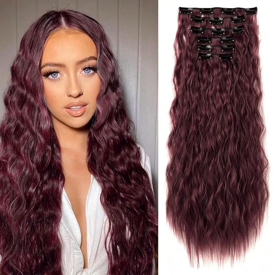Clip In Hair Extensions, 6PCS Curly 24inch Long Synthetic Clip On Hairpiece For Women-Burgunry,Burgunry - 勃根地 - 查看 1