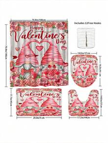 四件套浪漫情人节爱心玫瑰小矮人浴室套装：防水浴帘 + 12 个挂钩 + 防滑地毯 + 马桶盖 - 彩色 - 查看 5