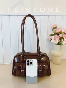 1个纯色PU多口袋保龄球包，女士单肩/腋下包，带吊坠，适合购物、约会、作为女士礼物，适合少女、大学生、初学者和白领，非常适合办公室、学校、工作、通勤等场合。 - 咖啡 - 查看 7