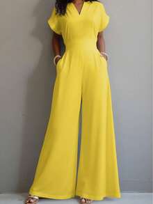 Macacão feminino elegante, solto, perna larga, verão - Amarelo - Ver 3