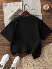 Tween Girl Capybara Print Round Neck T-Shirt, Summer Top - Black - View 2
