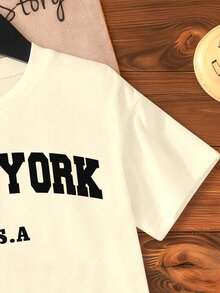 女童字母印花圆领短袖休闲百搭T恤 - 杏色 - 查看 4