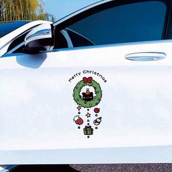 Merry Christmas Cat Wreath Decal, Cute Merry Christmas Car Sticker For Car Door, Rear Glass, Fuel Tank Cover, Motorcycle, Waterproof, Sunproof, No Residue