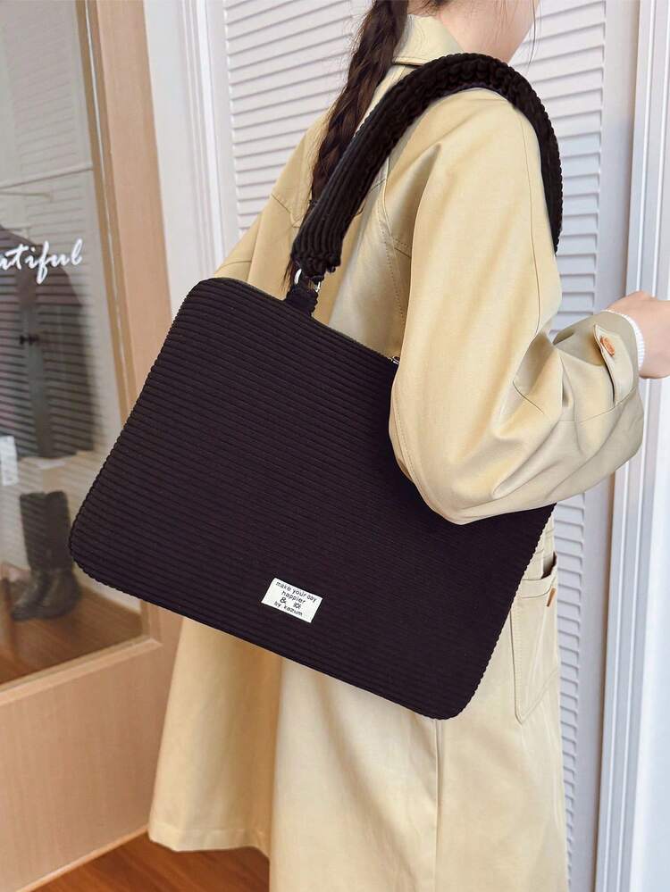 1個 ブラック コーデュロイ ラップトップスリーブ 11/13/15インチ ラップトップバッグ、無地 ブリーフケース、書類バッグ、ラップトップインナースリーブ、ラップトップショルダーバッグ、MacBook、HP、ASUS、タブレット、iPad Air 4 5 Pro 11 Mini 5 6、iPad 9-11インチ、5インチ 衝撃吸収ポーチに対応 - ブラック - 見る 6