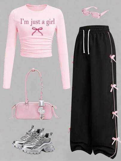Tween Girl Letter Print Long Sleeve Top And Bow Decor Casual Pants Set