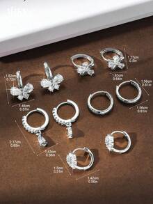 Bộ 10 chiếc/bộ hoa tai đính đá Zirconia lấp lánh hình hoa và bướm, phụ kiện trang sức khuyên tai thanh lịch màu bạc dành tặng cho bé gái, kèm hộp quà (Bộ quà tặng trang sức) Ngày lễ tình nhân, mẹ, mẹ, ngày của mẹ, quà tặng - Bạc - Xem 9