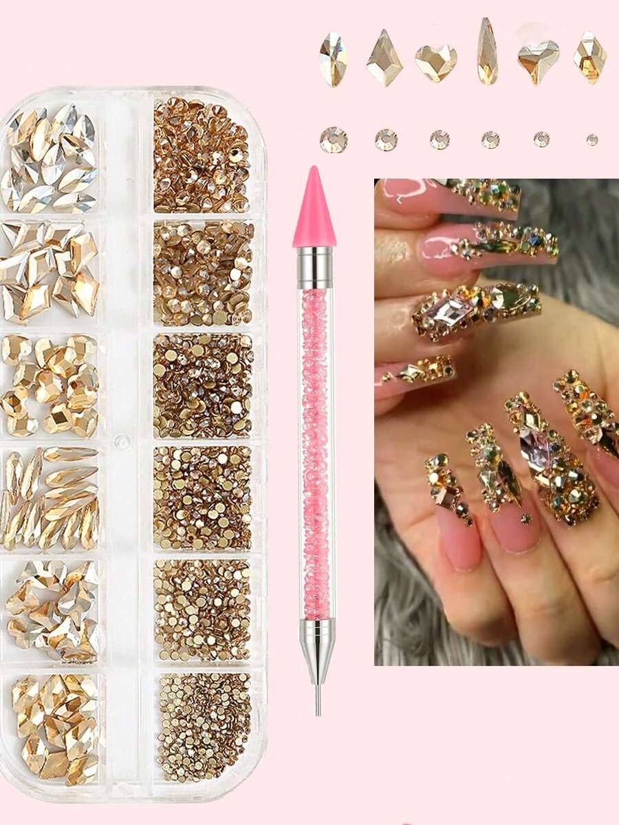 1 Hộp 12 viên đá đính móng tay màu vàng kim, kích thước 1.5-4mm, dạng tinh thể dẹt mini và đá quý 3D các loại, kèm bút chấm hai đầu để trang trí móng tay, mặt dây chuyền kim cương và đá quý màu vàng sâm panh để trang trí móng tay, dụng cụ làm móng. - Rượu sâm banh - Xem 1