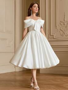 YUMIBRAVO Ballet Style Satin Wedding Dresses For Bride, White Dresses For Women, Ball Gown Dress Christmas Party Dress, Elegant A-Line Party Dresses For Women, Spaghetti Strap Prom Dress For Women Wedding Party - White - View 3