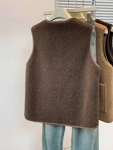 YUXIN Món đồ thiết yếu dành cho nữ mùa Thu/Đông! Áo khoác cardigan không tay mềm mại bằng chất liệu giả lông cừu với hai túi, siêu ấm áp và đa năng cho trang phục hàng ngày mùa hè. - Màu Tím - Xem 4