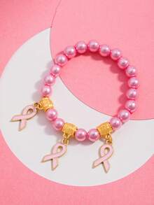 1pc Pink Breast Cancer Awareness Bow Beaded Bracelet, Women Jewelry Accessory For Festivals, Parties, Balls