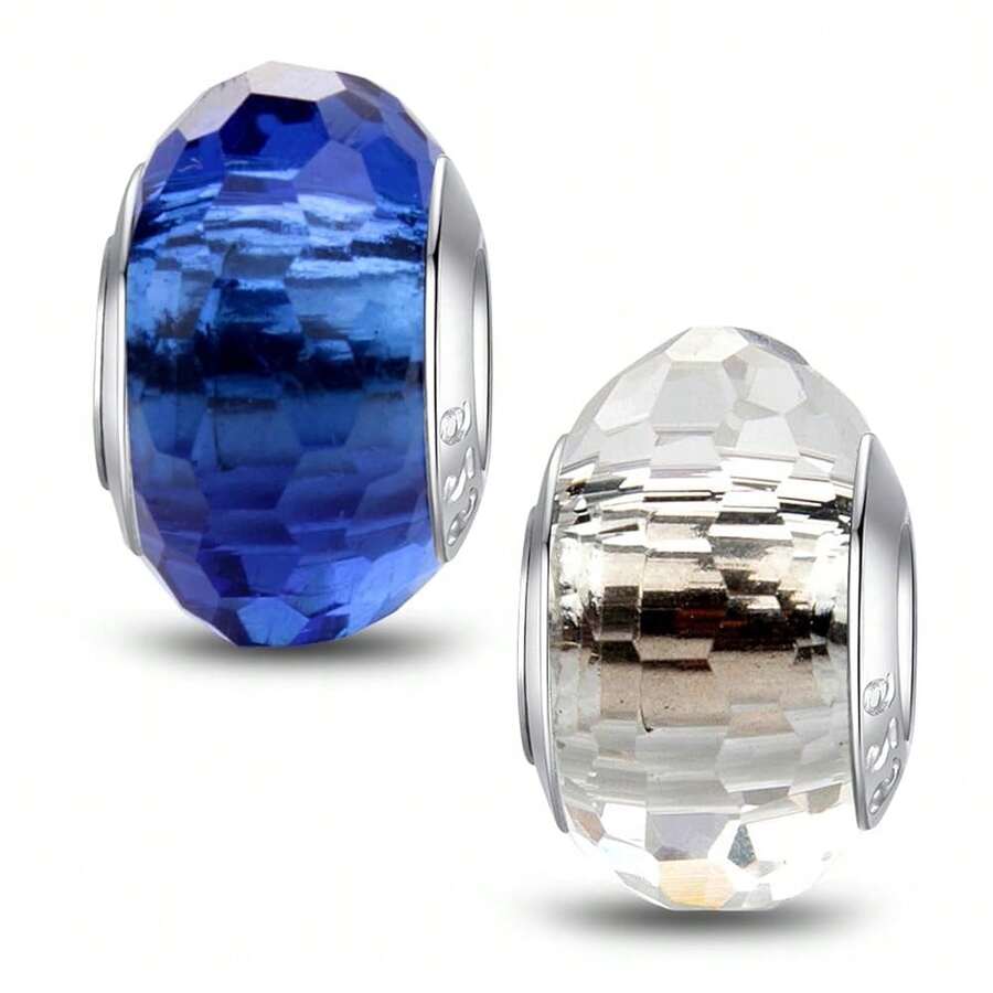 MICOO 925 Sterling Silver Charms For Bracelets,Fashion DIY Dangle Pendants Beads Simulated Birthstone Charms,Birthday Gifts For Women,2BlueandWhiteCharms - 2個藍白吊墜 - 查看 1