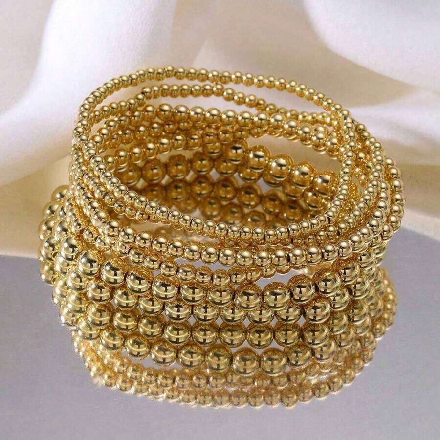 7-Piece Gold Bead Bracelet Stackable Multifunctional Bohemian Beach Style Self-Combined Bead Chains Versatile Daily Wear No Clothes Picking Exquisite Single Layered Wear Quality Details Comfortable Beach Party Vacation - 金色 - 查看 1