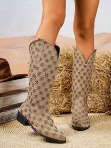 1 Pair Vintage Floral High Heel Boots, Minimalist & Elegant Design, Suitable For Various Outfits, Retro Floral Print Faux Leather Mid-Calf Boots, Fashionable For Party & All Seasons - Khaki - View 2