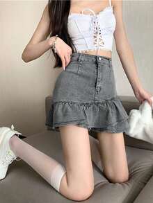 女式拼布荷叶边下摆休闲牛仔迷你裙 - 灰色 - 查看 4