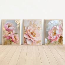 3幅复古粉色牡丹花卉帆布画套装，无框，植物海报印刷品，适用于家居和办公室装饰，节日装饰，礼品 - 彩色 - 查看 3