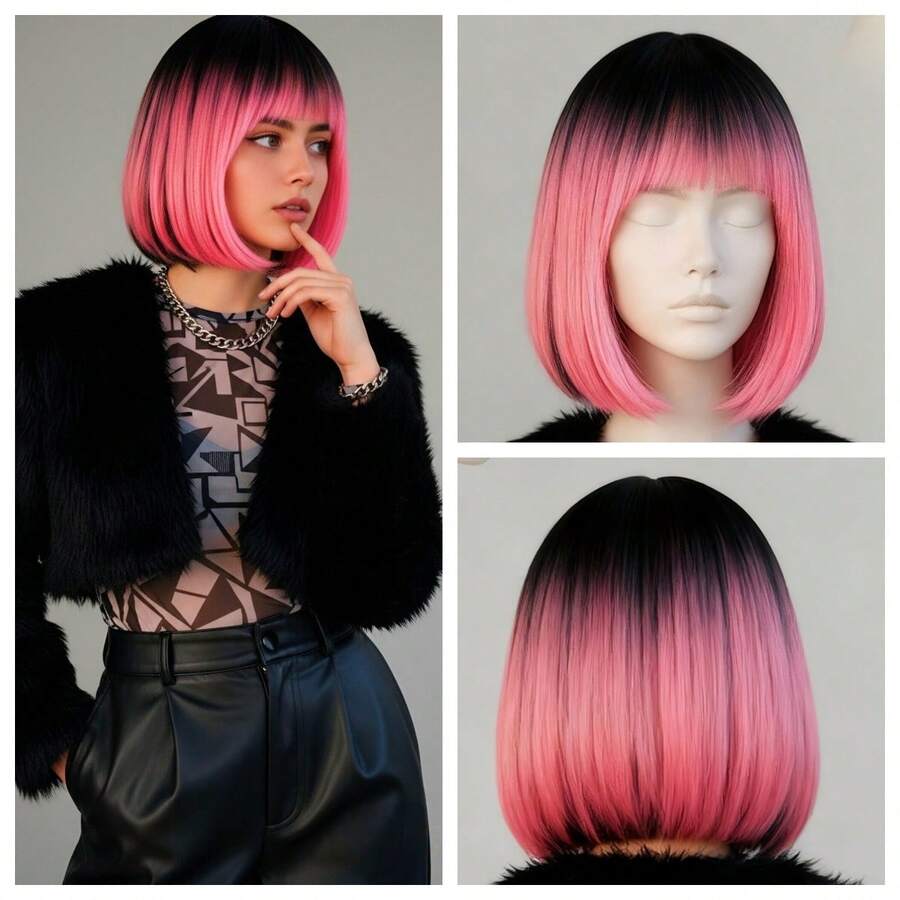 12-Inch New Gradient Pink Wig With Bangs, Bobo Style High Temperature Fiber Wig Cap - Pink Gradient - View 1